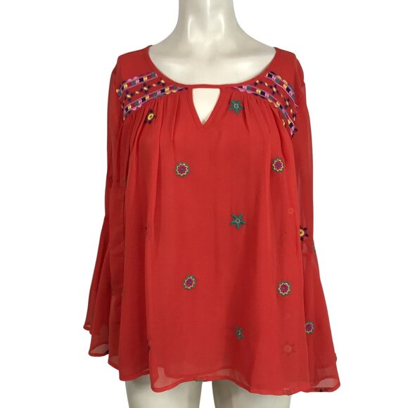 DESIGUAL- WOMEN'S MEDIUM -RED LONG SLEEVE ROUND NECK EMBROIDERED TOP - Picture 1 of 7